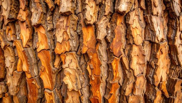 Close up view of an old tree trunk with thick textured bark creates a beautiful abstract natural pattern and rich organic background element. photo