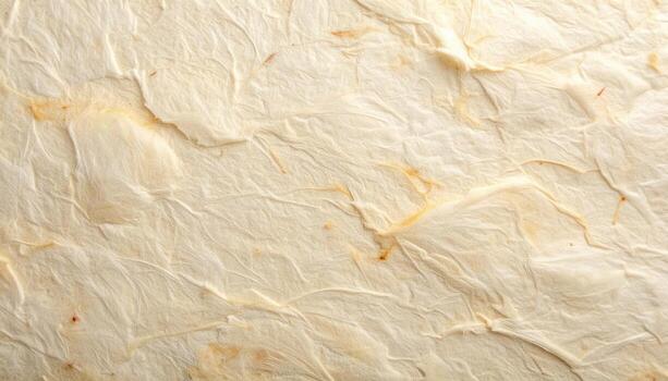 Close-up of a rough textured and slightly crumpled handmade paper displaying neutral tones with delicate natural fiber inclusions throughout it. photo