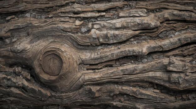 Detailed macro photography reveals the intricate texture and patterns of aged tree bark, showcasing natural wood grain and weathered surfaces. photo
