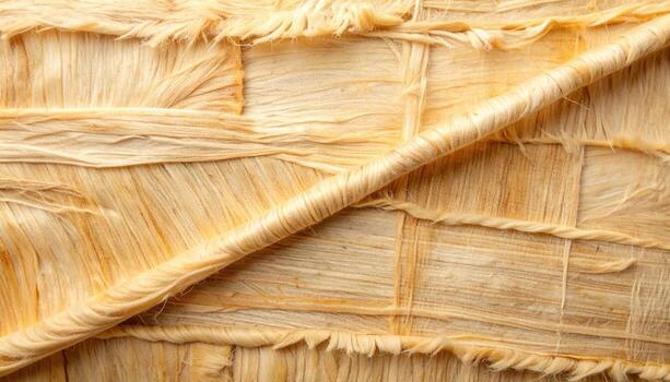An overhead view of woven natural fiber material with a thick strand diagonally across, providing a textural close up with neutral tones. photo