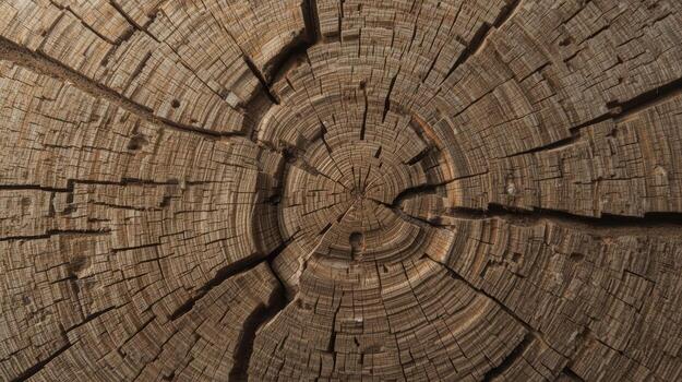 A detailed cross section of an old tree trunk shows its age s and radiating cracks in a wood log with natural textured patterns. photo