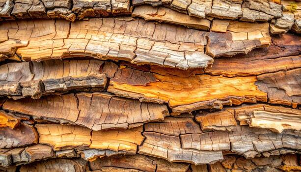A detailed close up shows textured and cracked layers of sunlit tree bark in shades of brown, tan, and gold creating a natural background. photo