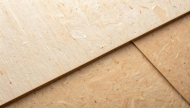 An abstract close up shows layers of textured light brown oriented strand board material stacked to create a geometric background pattern. photo