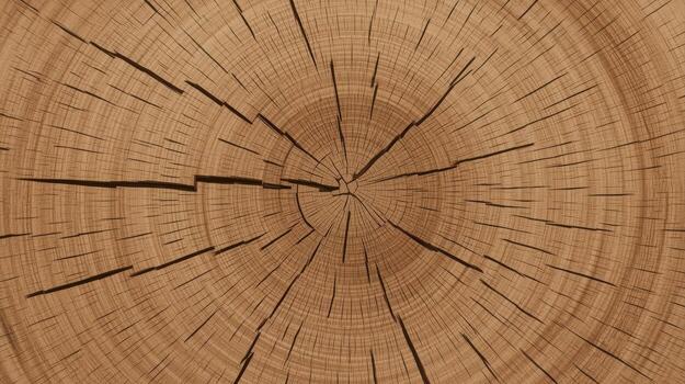 A detailed cross section of a tree trunk shows the tree s and cracks radiating from the center, displaying natural textures and patterns. photo