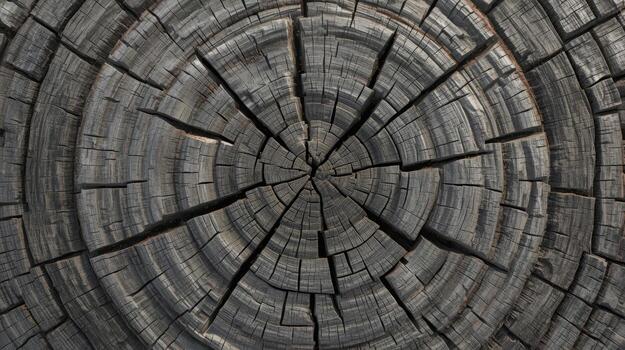 An aged tree stump reveals circular growth s and radial cracks across its weathered wooden surface, offe a natural textured pattern. photo