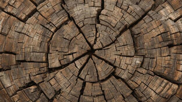 An aged tree stump reveals its weathered surface with intricate patterns and textures, telling a story of time and environmental changes around photo