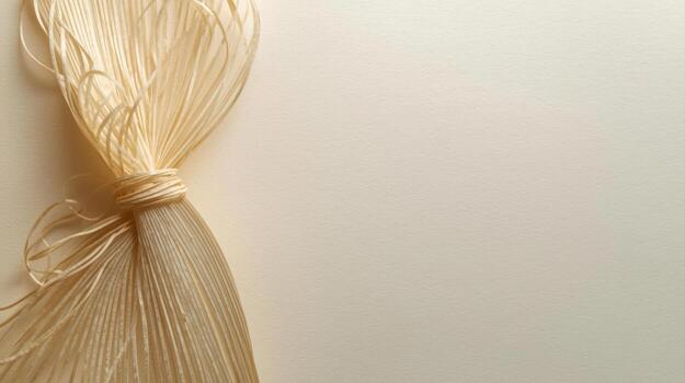 Delicate beige raffia fibers are gathered and tied, creating an elegant natural decorative accent against a subtle textured background surface. photo