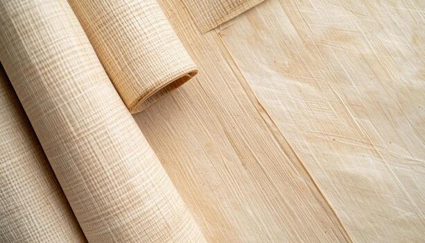 Woven natural plant fiber sheets are displayed with rolled material showing textured surface and organic pattern detail for crafts or design work. photo