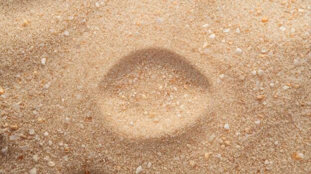 A close-up shot shows a circular indentation imprinted in the golden sand, creating a simple abstract pattern in a sunlit outdoor setting. photo