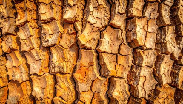 el áspero y texturizado superficie de árbol ladrar muestra un hermosa formación de natural grietas y patrones en sombras de marrón y naranja colores. foto
