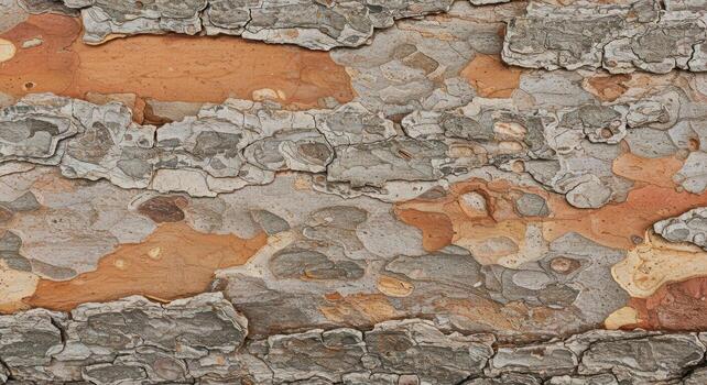 An abstract background presents the intricate details and textures of tree bark with shades of brown, grey, and orange on a sunny day outdoors. photo