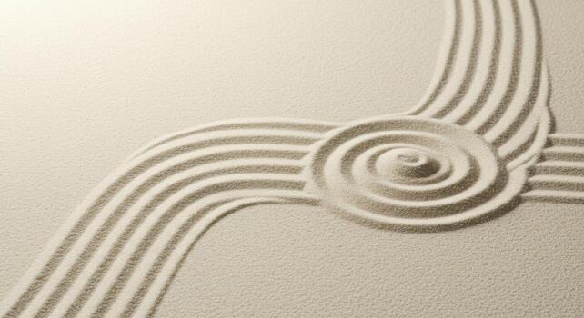 Calming beige sand design featu a spiral center with curved lines radiating outward creating a minimalist and peaceful zen garden effect. photo