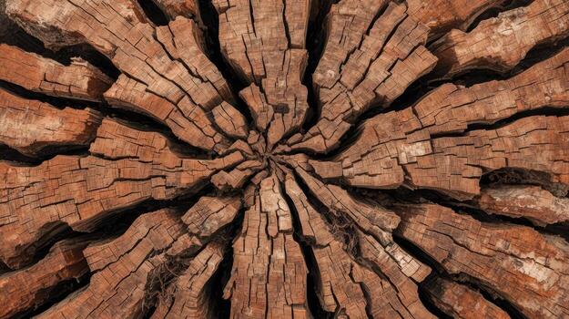 Top-down view of a cross-section of weathered and cracked wooden planks creating a mesmerizing abstract and fractal pattern. photo