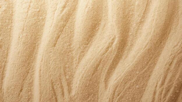 Top-down view of rippled beige sand displaying a wavy pattern created by wind or water forming a natural textured surface background. photo