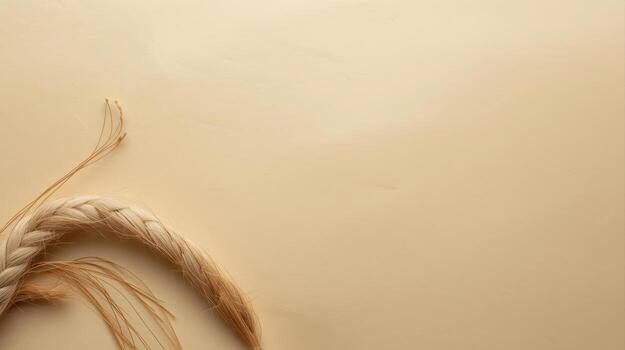 A braided rope with frayed ends rests on a neutral beige background, providing a simple yet elegant texture with available copy space here. photo