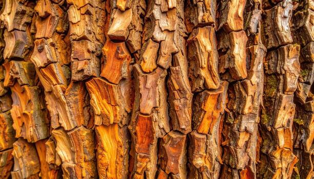 The textured bark of a tree shows deep ridges and varied hues of brown, tan, and reddish orange, creating a rugged and natural background. photo
