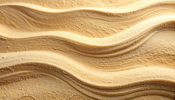 The golden sand ripples and undulating curves create a serene and textured pattern on the beach, evoking peace and natural beauty near shore. photo