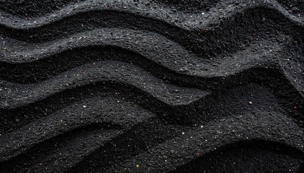 el oscuro arena superficie caracteristicas repitiendo ola patrones creado por rastrillar en un zen jardín ambiente, oferta un pacífico y texturizado vista. foto