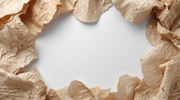 Textured crumpled brown paper edges frame a pristine white empty space offe versatile design opportunities and artistic backgrounds today. photo