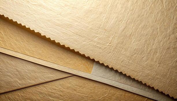 Beige and tan colored handmade paper sheets are arranged with a serrated edge showing textured surface patterns for design backgrounds and crafts. photo