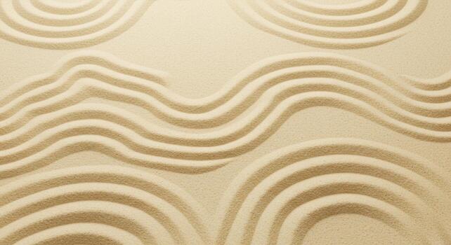 Top view of a zen garden design with raked sand featu concentric circles and curved lines creating a calming and minimalist aesthetic. photo