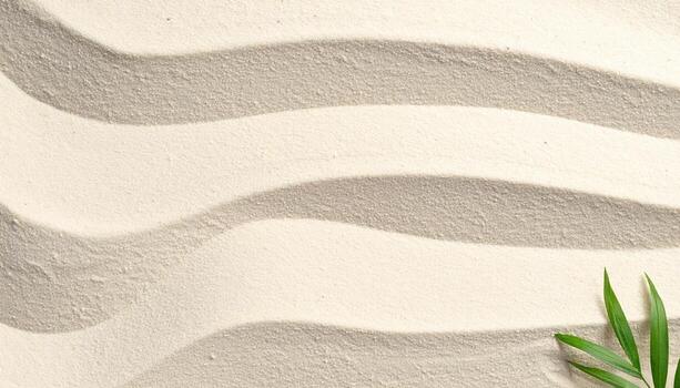 Minimalist sandy beach background featu curved wave patterns with a small green leaf element adding a subtle touch of organic detail. photo
