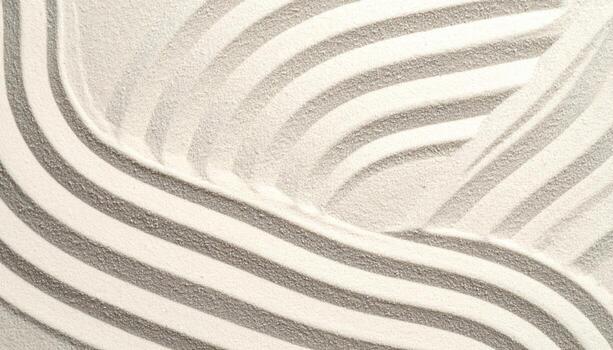 Elegant and minimalist zen garden sand pattern featu smooth flowing curved lines in textured light beige and gray tones, forming an abstract photo