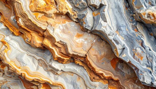 An abstract macro shot reveals mesmerizing layers and patterns within a section of natural, weathered rock in hues of orange, gray, and white. photo