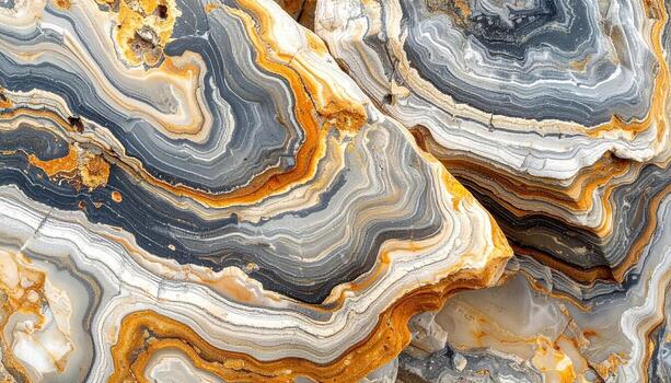 Close-up shows a fascinating agate stone with swirling layers of gray, white, and golden brown creating an abstract natural pattern. photo