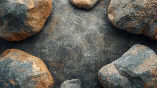 Several natural stones with brown and gray textures are arranged around a gray textured surface creating an organic neutral toned frame. photo