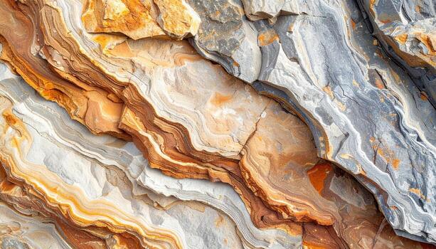 Close up on geological rock formation with beautiful layers and colors shows the details of earth's mineral composition and texture. photo