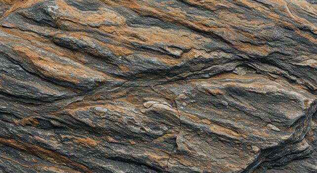 Close-up of a weathered stone face revealing dynamic layers and mineral deposits after countless years of geological activity and erosion. photo