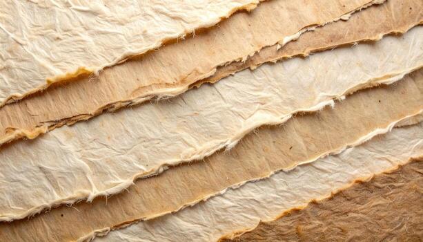 A stack of textured handmade paper with deckled edges reveals varying shades of beige and brown in an abstract background composition. photo