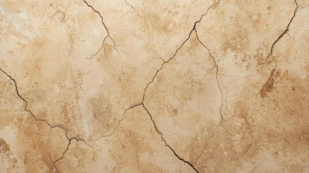 A weathered and textured surface shows large cracks running across a pattern of mottled tan and beige colors creating an abstract backdrop. photo