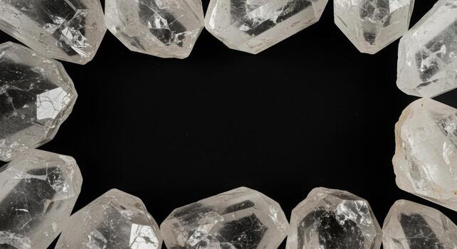Clear quartz crystals are arranged to create a delicate border, highlighting the dark background for product placement or design elements. photo