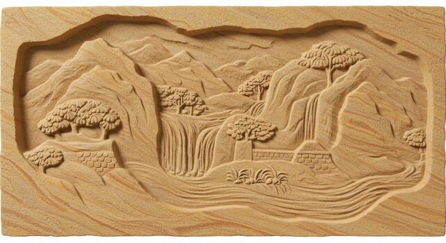 Landscape carving in wood depicting mountains, waterfalls, trees, and a small structure with intricate details on a light brown background. photo