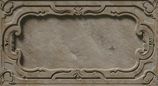 Elaborate decorative frame carved from stone with intricate patterns and a textured background creates an antique and elegant aesthetic look. photo