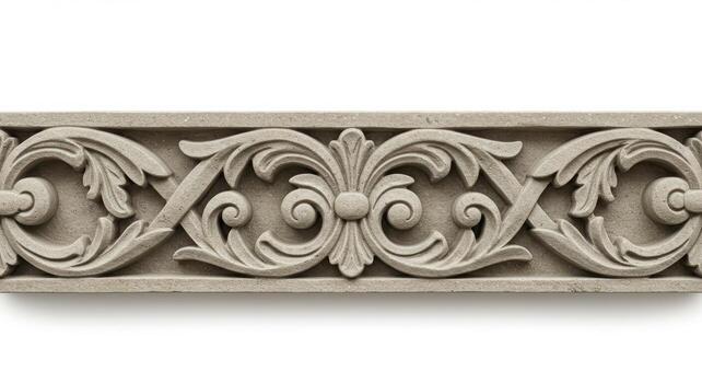 An ornately carved decorative border featu symmetrical floral and scroll designs against a clean, bright white isolated background perfectly. photo