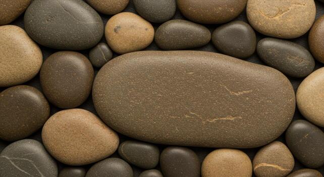 An eye-level close-up displays assorted smooth brown stones arranged closely together, filling the entire frame in a natural, organic pattern. photo