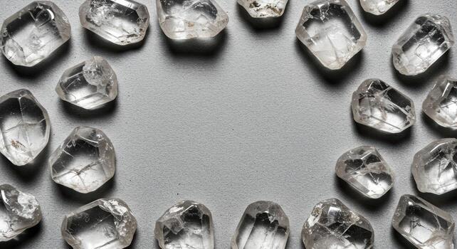 A collection of uncut rough diamonds are displayed against a neutral background creating an elegant and captivating circular frame element. photo