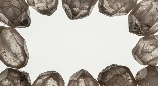 Rough quartz crystals are arranged in a frame around a white space for text, with a textured and raw aesthetic of earth minerals. photo