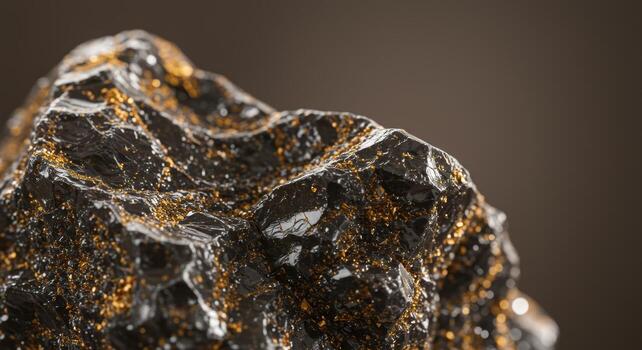 An extremely detailed close-up presents a dark rock formation speckled with shimme golden particles against a blurred neutral backdrop. photo
