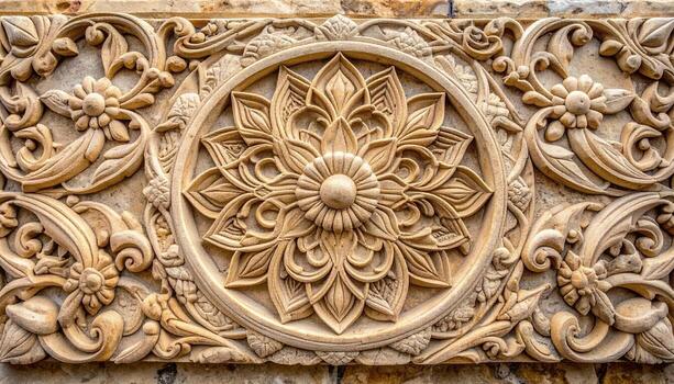 Intricate floral carvings adorn a stone relief, showcasing detailed craftsmanship with a beautiful symmetrical pattern and ornamental design work. photo