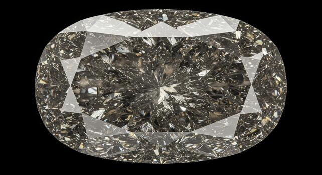 An oval shaped diamond stone glitters showing inner details of facets and inclusions isolated against a solid dark background for gemstone design. photo
