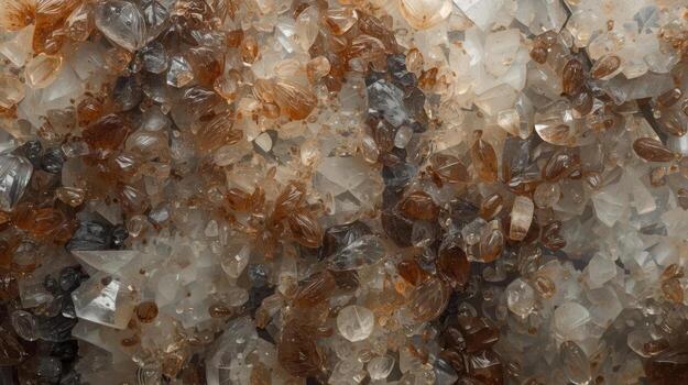 Close up shows raw crystallized aragonite mineral samples exhibiting rough textured surfaces and intricate patterns in natural earthy colors. photo