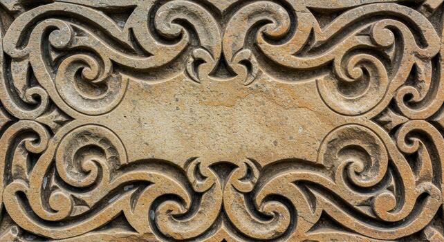Intricate stone carving with swirling patterns and a central panel showcases the craftsmanship of ancient architectural detail work beautifully. photo