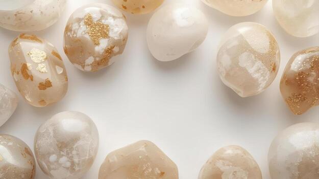 A smooth assortment of polished agate stones with varying neutral hues creates an artistic and elegant arrangement on a clean white surface. photo