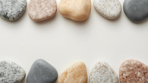 An overhead shot shows a serene arrangement of smooth, colorful beach pebbles borde a creamy background for a natural, calming effect. photo