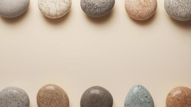 Smooth colorful pebbles are arranged in two rows on a beige background creating a soft and calming natural border with ample copy space. photo