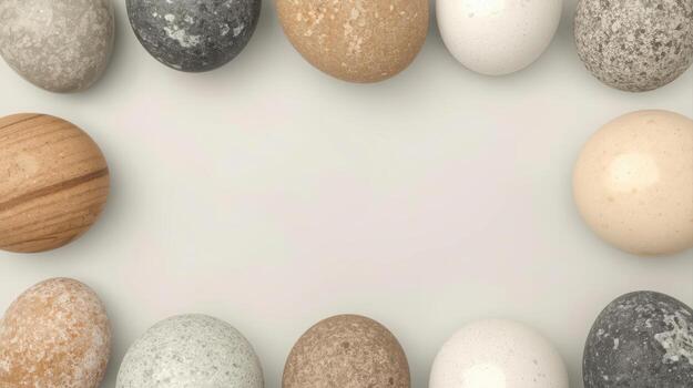 An assortment of naturally polished stones are arranged to frame a simple tranquil and minimalist background space in a zen inspired design. photo